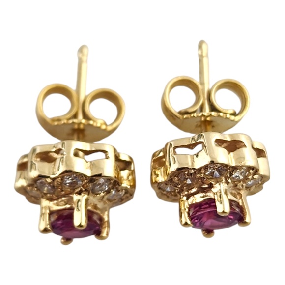 14 Karat Yellow Gold Diamond & Natural Pink Sapphire Halo Stud Earrings #19021 - Picture 2 of 8